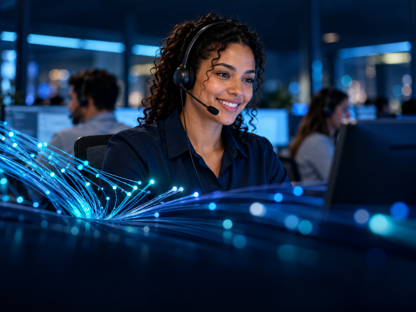 Imagem fotográfica de atendente com headset em ambiente de suporte, com feixes de fibra óptica iluminados em azul e ciano